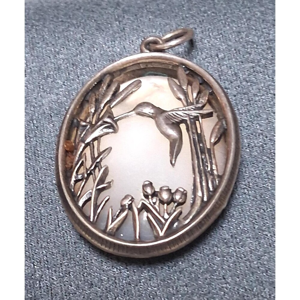Sterling Hummingbird Pendant Mother of Pearl Overlay